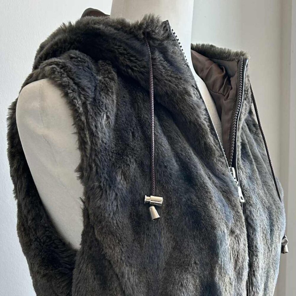 Danier Espresso Brown Plush Faux Fur Hooded Zip Vest with Metal Toggles – US S